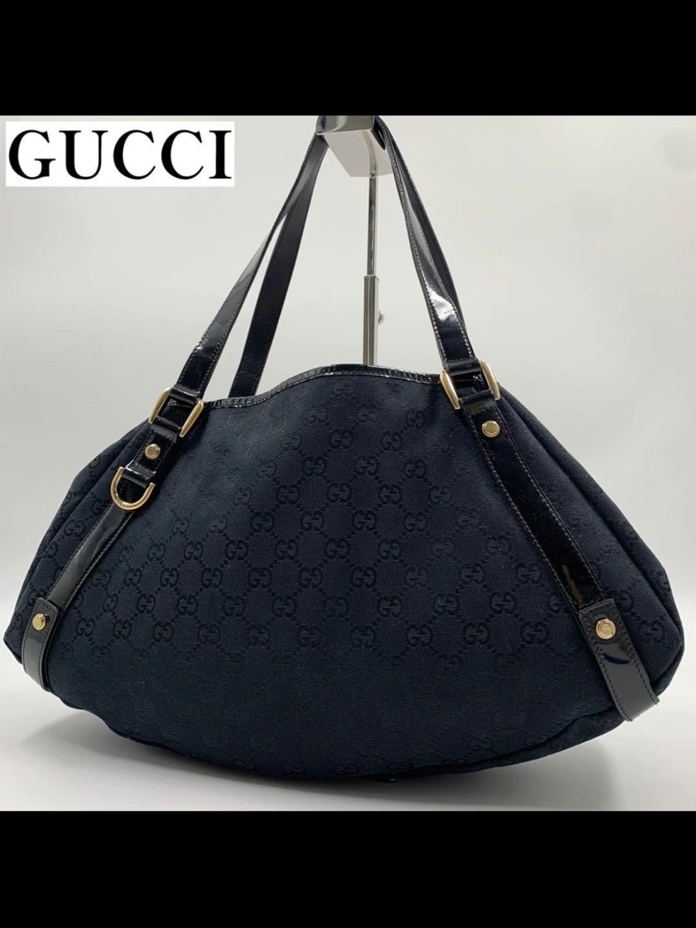 Gucci Black GG Monogram Shoulder Bag with Patent Trim